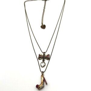 Betsey Johnson Double Necklace Gold Pink Rhinestone Bow Crystal Heart Heel